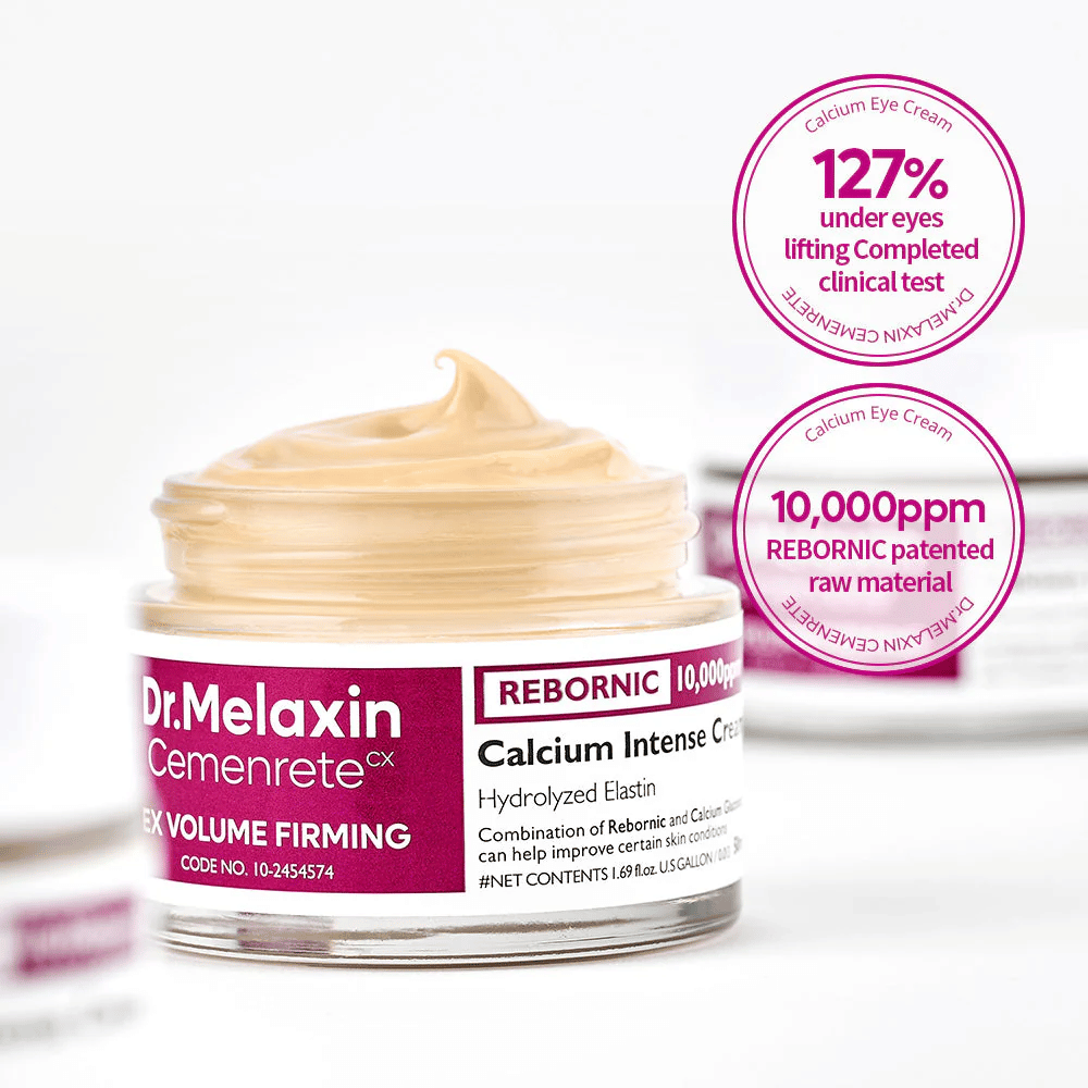 Dr.Melaxin Cemenrete Calcium Intense Cream met klinische markeringen, toont 10.000 ppm Rebornic en resultaten van tests voor verstevigende en volumeverhogende effecten.