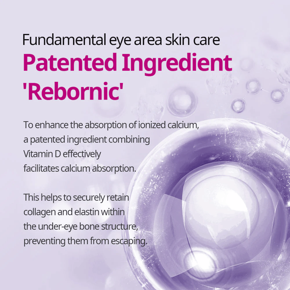 Grafische illustratie van gepatenteerd ingrediënt Rebornic in Dr.Melaxin Cemenrete, toont hoe calcium collageen en elastine in de huid ondersteunt voor verhoogde stevigheid.