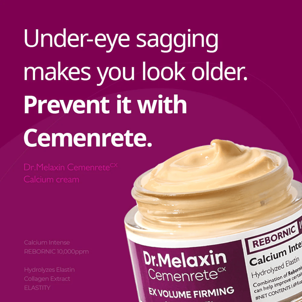 Dr.Melaxin Cemenrete Calcium Intense Cream met tekstbericht over versteviging onder de ogen, illustreert de focus van de crème op stevigheid, volume en het voorkomen van slappe huid.