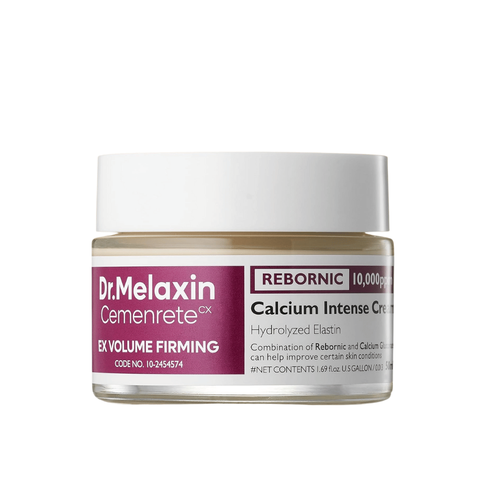 Dr.Melaxin Cemenrete Calcium Intense Cream in pot tegen witte achtergrond, gezichtscrème met calcium, Rebornic en gehydrolyseerd elastine voor stevigere en vollere huid.