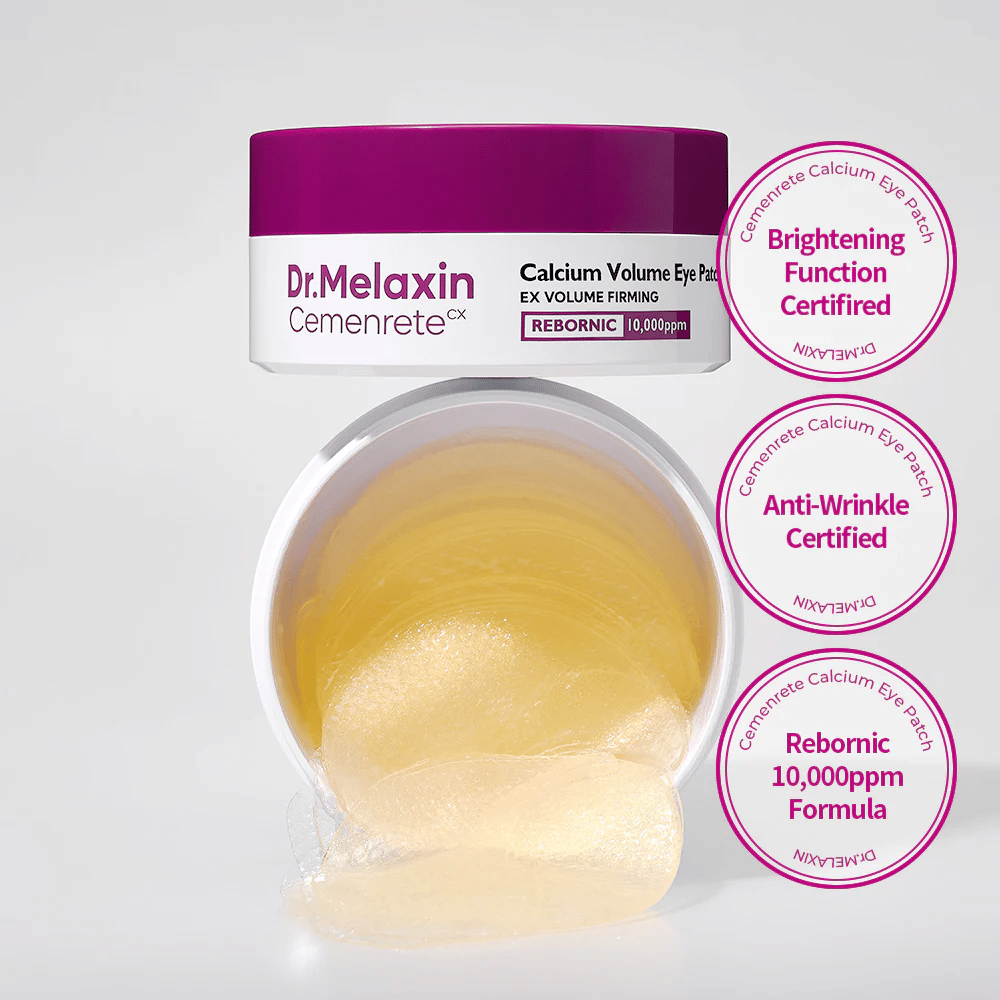 Open pot met hydrogel-oogpatches van Dr. Melaxin Cemenrete Calcium Volume Eye Patch met Rebornic 10.000 ppm, gecertificeerd voor anti-rimpel en verhelderend effect.