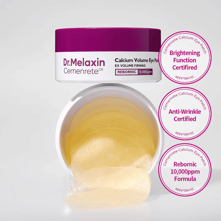 Open pot met hydrogel-oogpatches van Dr. Melaxin Cemenrete Calcium Volume Eye Patch met Rebornic 10.000 ppm, gecertificeerd voor anti-rimpel en verhelderend effect.