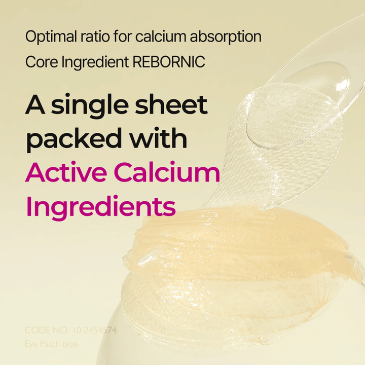 Close-up van hydrogel doordrenkt met actief calcium in Dr. Melaxin Cemenrete Calcium Volume Eye Patch, ontwikkeld voor optimale absorptie en volumiserend effect.