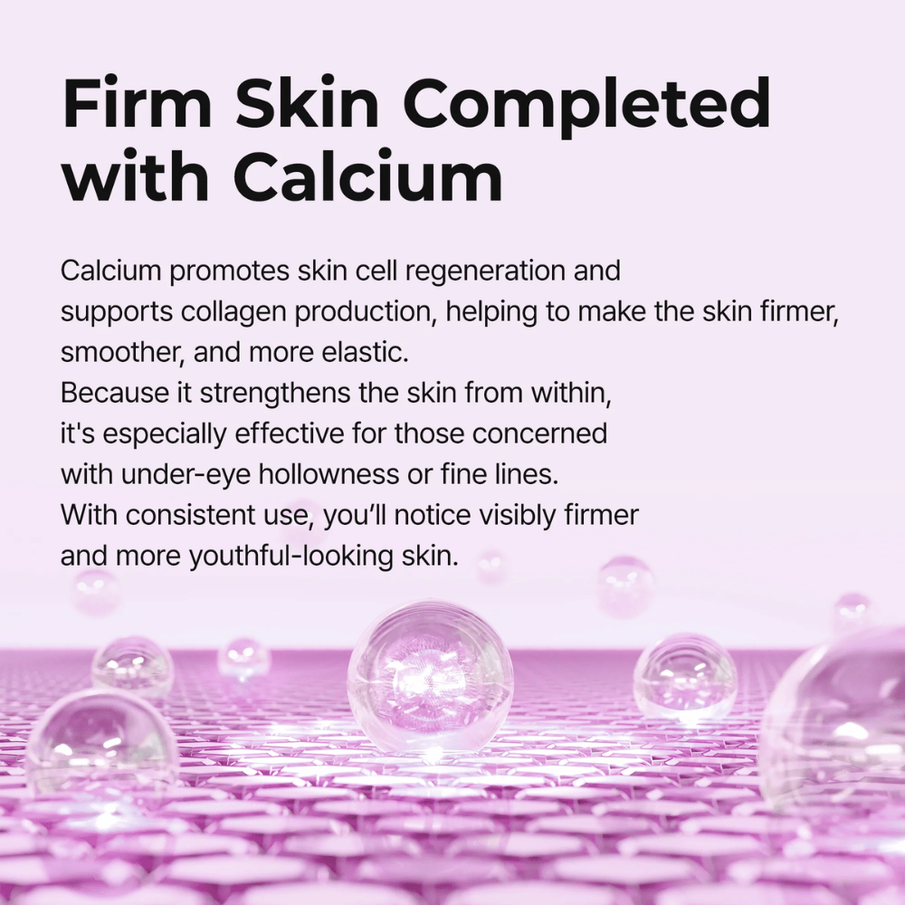 Illustratie die laat zien hoe calcium de structuur en elasticiteit van de huid versterkt in Dr. Melaxin Cemenrete Calcium Volume Eye Patch voor stevigere, gladdere en jeugdiger huid rond de ogen.