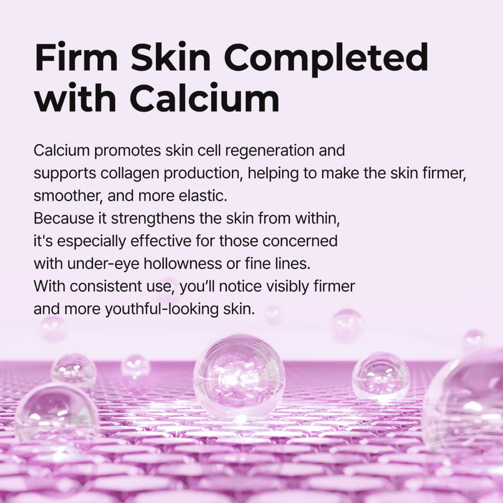 Illustratie die laat zien hoe calcium de structuur en elasticiteit van de huid versterkt in Dr. Melaxin Cemenrete Calcium Volume Eye Patch voor stevigere, gladdere en jeugdiger huid rond de ogen.