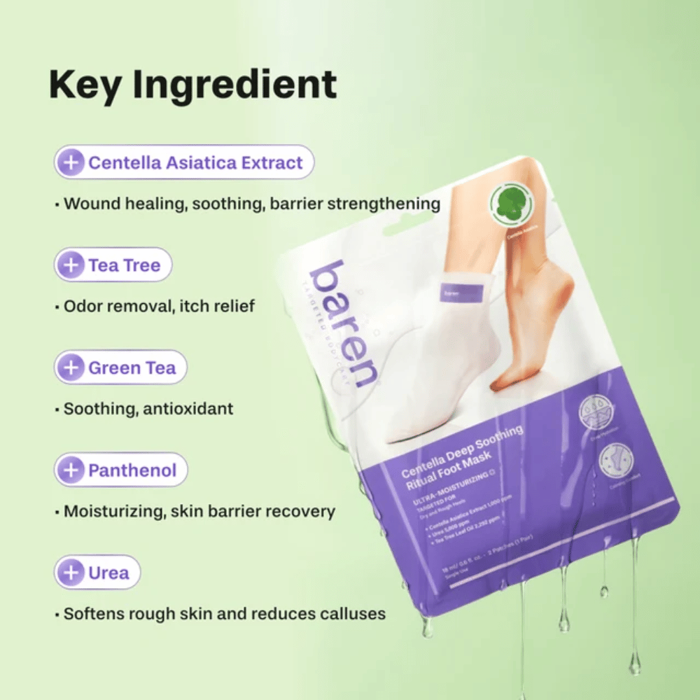 3. Baren Centella Deep Soothing Ritual Foot Mask – belangrijke ingrediënten zoals centella asiatica, tea tree, groene thee, panthenol en ureum