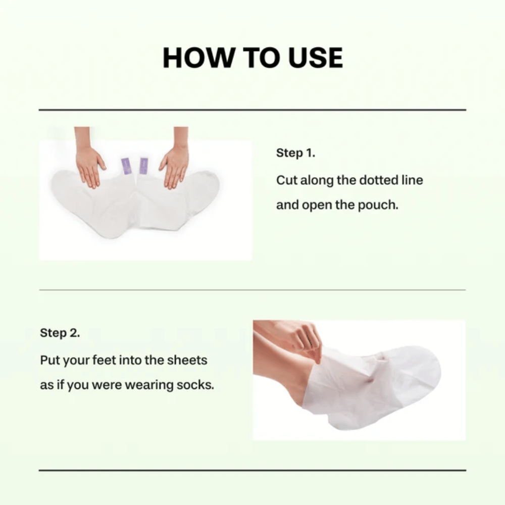 2. Baren Centella Deep Soothing Ritual Foot Mask – stap 1 en 2 die laten zien hoe de verpakking wordt geopend en de voetmaskers als sokken worden aangetrokken