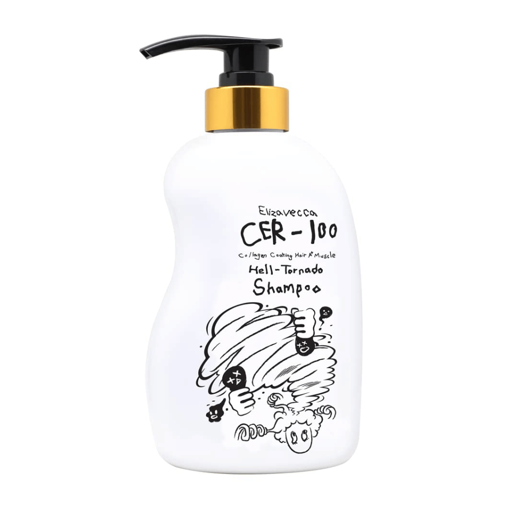 Productafbeelding van Elizavecca CER-100 Collagen Coating Hair A+ Muscle Helltornado Shampoo op een witte achtergrond. De verpakking wordt duidelijk getoond met pompflacon en de karakteristieke illustratie die kenmerkend is voor de serie.
