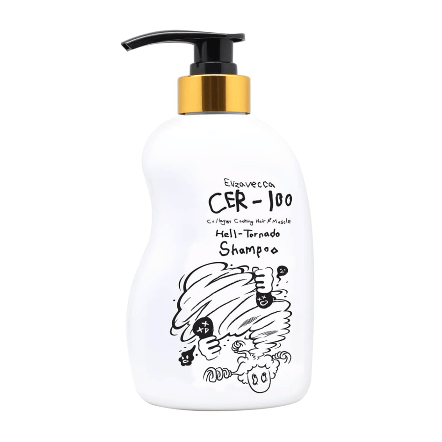 Productafbeelding van Elizavecca CER-100 Collagen Coating Hair A+ Muscle Helltornado Shampoo op een witte achtergrond. De verpakking wordt duidelijk getoond met pompflacon en de karakteristieke illustratie die kenmerkend is voor de serie.