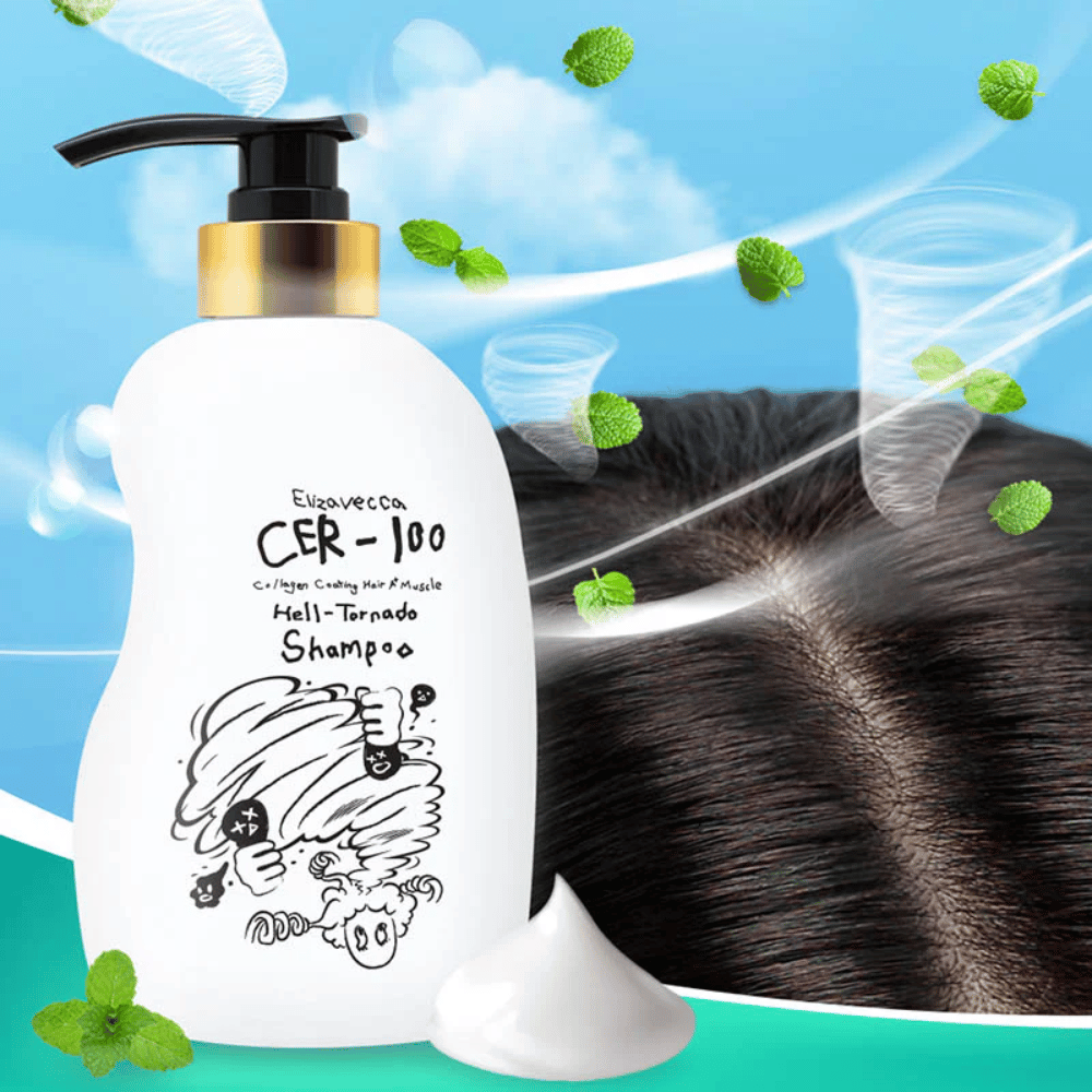 Elizavecca CER-100 Collagen Coating Hair A+ Muscle Helltornado Shampoo wordt getoond voor een close-up van de hoofdhuid. Wervelende winden en muntblaadjes illustreren een verfrissend, verkoelend gevoel en de focus op hoofdhuidverzorging.