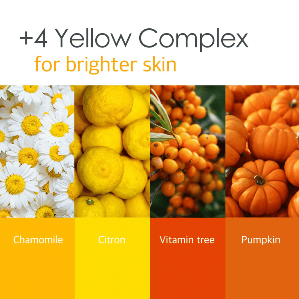 Informatiebeeld over “4 Yellow Complex” met ingrediënten zoals kamille, citroen, vitamin tree en pompoen. De focus ligt op een helderdere huidtoon en glansgevende eigenschappen.