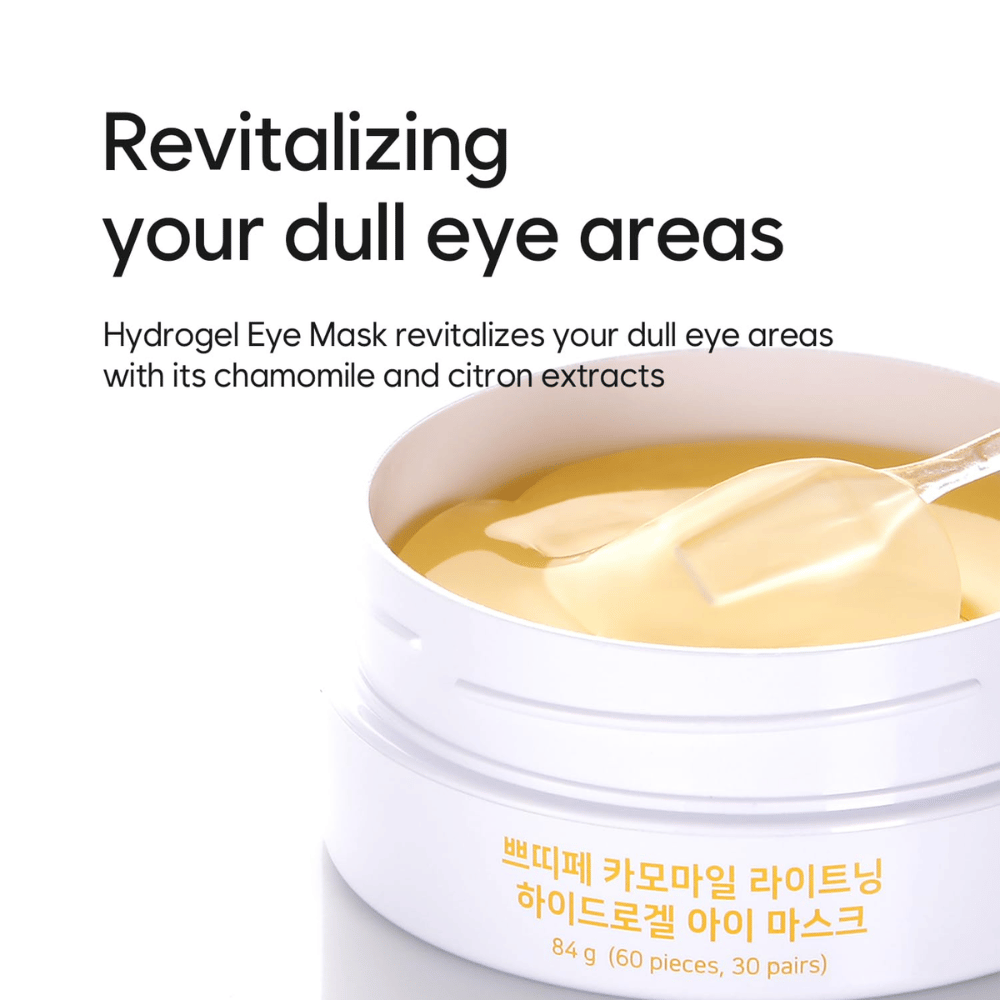 Productafbeelding van Chamomile Lightening Hydrogel Eye Mask met focus op revitalisering en glansgevende verzorging voor vermoeide zones rond de ogen met kamille- en citroenextract.