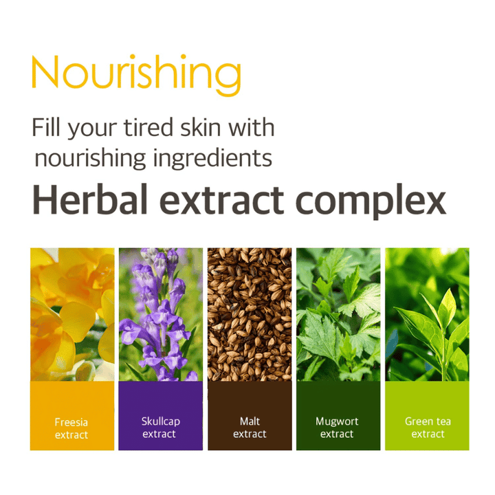 Informatiebeeld over Herbal Extract Complex met plantextracten van onder andere freesia, skullcap, mout, bijvoet en groene thee die helpen om vermoeide huid te voeden en te verzorgen.