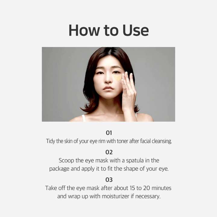 Instructiebeeld dat toont hoe Chamomile Lightening Hydrogel Eye Mask na reiniging en toner wordt gebruikt. De gids beschrijft het aanbrengen, de inwerktijd en de afsluitende hydratatie rond de ogen.
