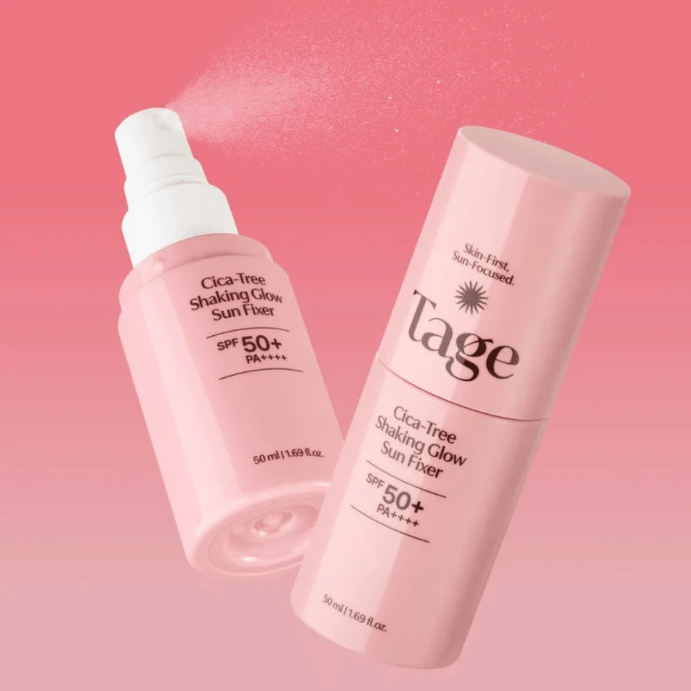 TAGE Cica-Tree Shaking Glow Sun Fixer SPF50+ PA++++ – hydraterende zonbeschermingsspray met glow