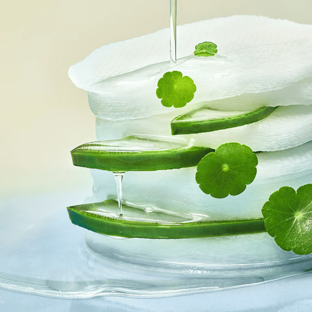 Close-up van schijfjes aloë vera, hydraterende tonerpads en bladeren van centella asiatica. De gel druppelt tussen de ingrediënten om kalmerende, verkoelende en hydraterende eigenschappen te illustreren.