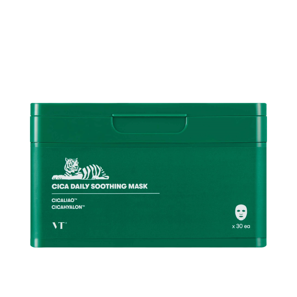Groene verpakking met de tekst "Cica Daily Soothing Mask" en een witte illustratie van een tijger, met 30 sheet masks.