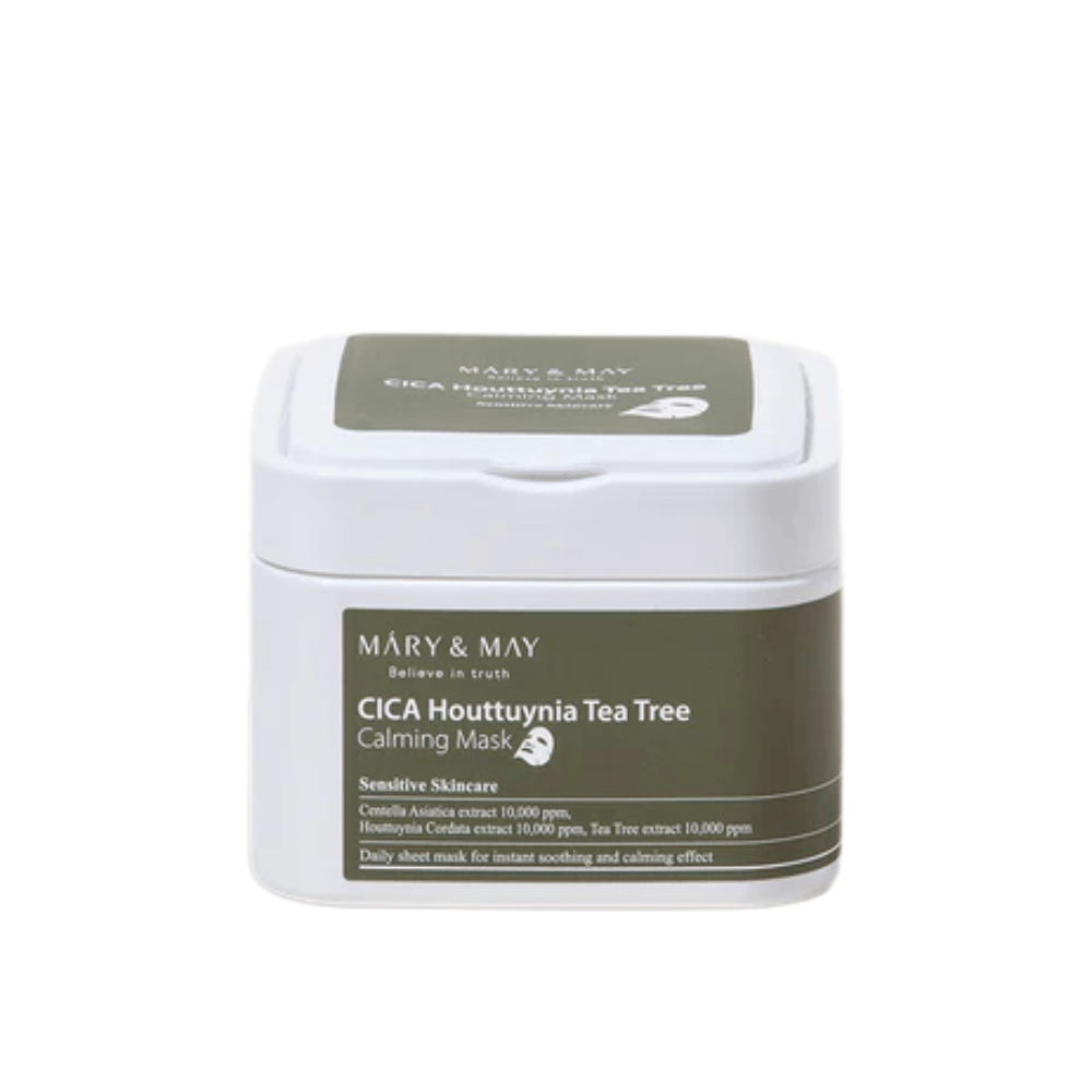 Mary & May Cica Houttuynia Tea Tree Calming Mask – pot met kalmerende sheetmaskers voor gevoelige huid, verrijkt met centella, houttuynia en tea tree-extract.