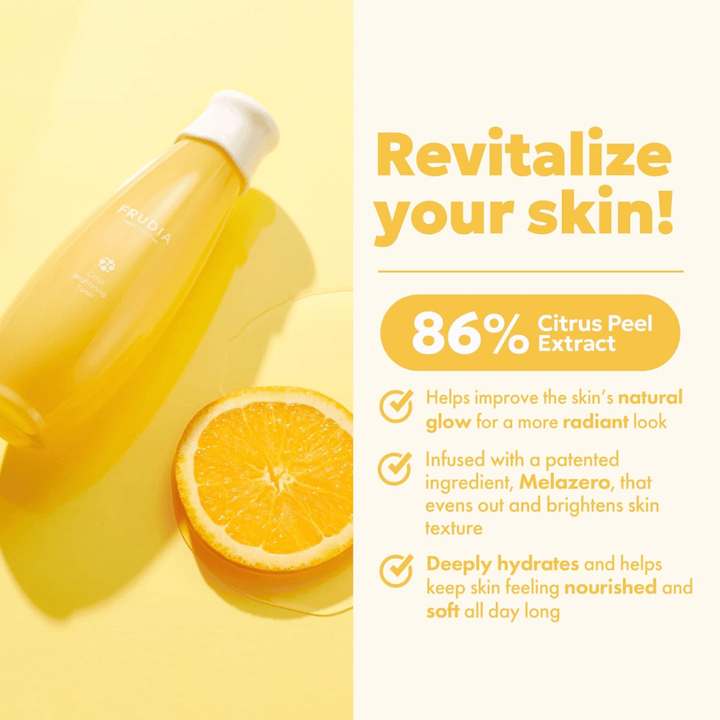 FRUDIA Citrus Brightening Toner met 86% citrus schilextract – hydraterende en verhelderende toner die de natuurlijke glans van de huid verbetert en een zachte, stralende huid geeft.
