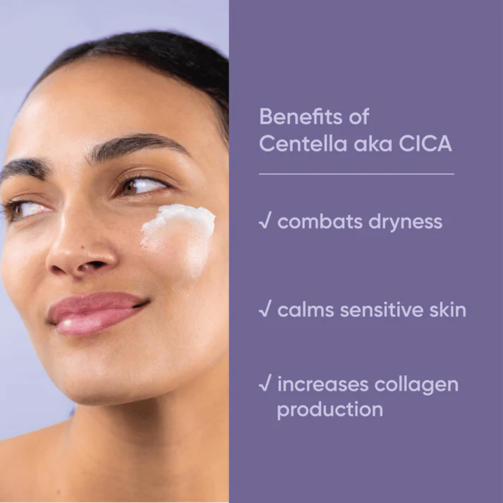 Persoon die gezichtscrème aanbrengt, grafiek die de voordelen van Centella Asiatica (CICA) in Clean It Zero Calming Cleansing Balm laat zien voor droge, gevoelige huid en verhoogde collageenproductie.