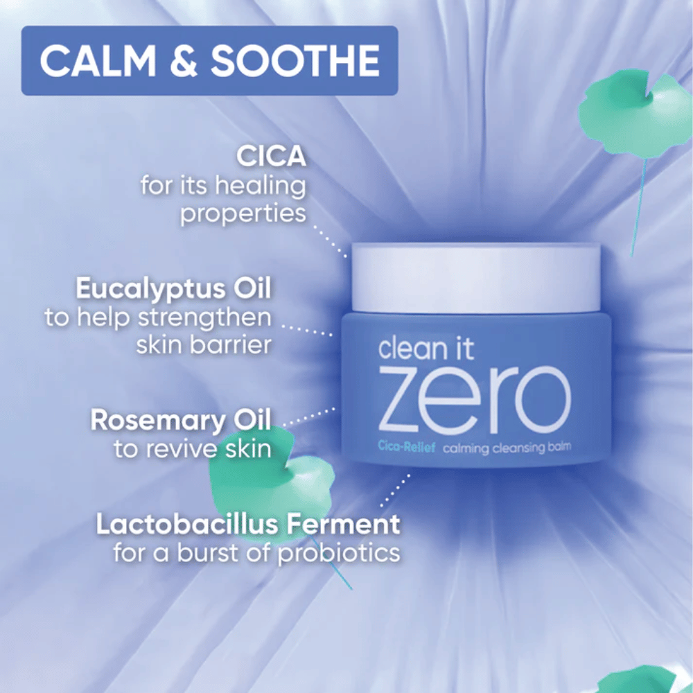 Informatieve afbeelding voor Clean It Zero Cica-Relief Calming Cleansing Balm die kalmerende ingrediënten zoals CICA, eucalyptusolie, rozemarijnolie en lactobacillus ferment benadrukt voor een versterkte huidbarrière.