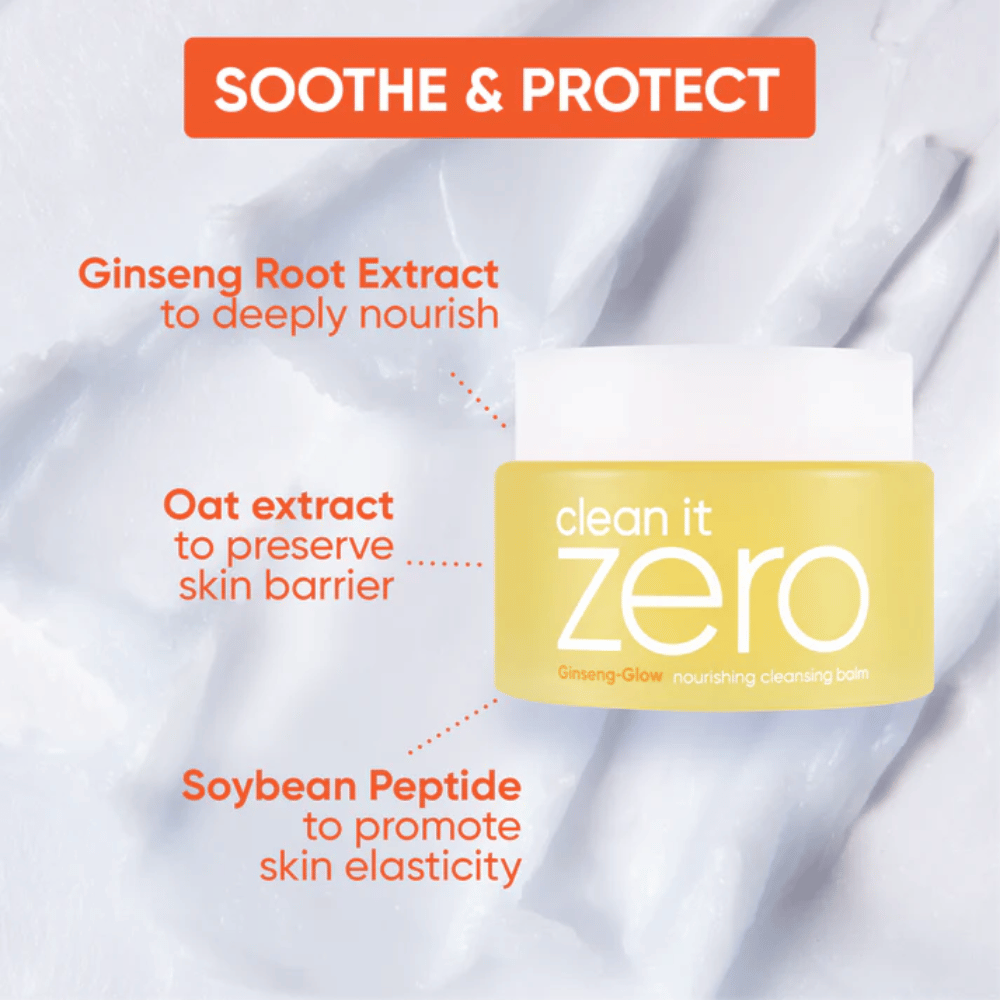 Clean It Zero Ginseng-Glow Cleansing Balm van BANILA CO met ginseng, haverextract en sojapeptiden, ontwikkeld om de huidbarrière te kalmeren, te beschermen en te versterken terwijl make-up en vuil worden opgelost.
