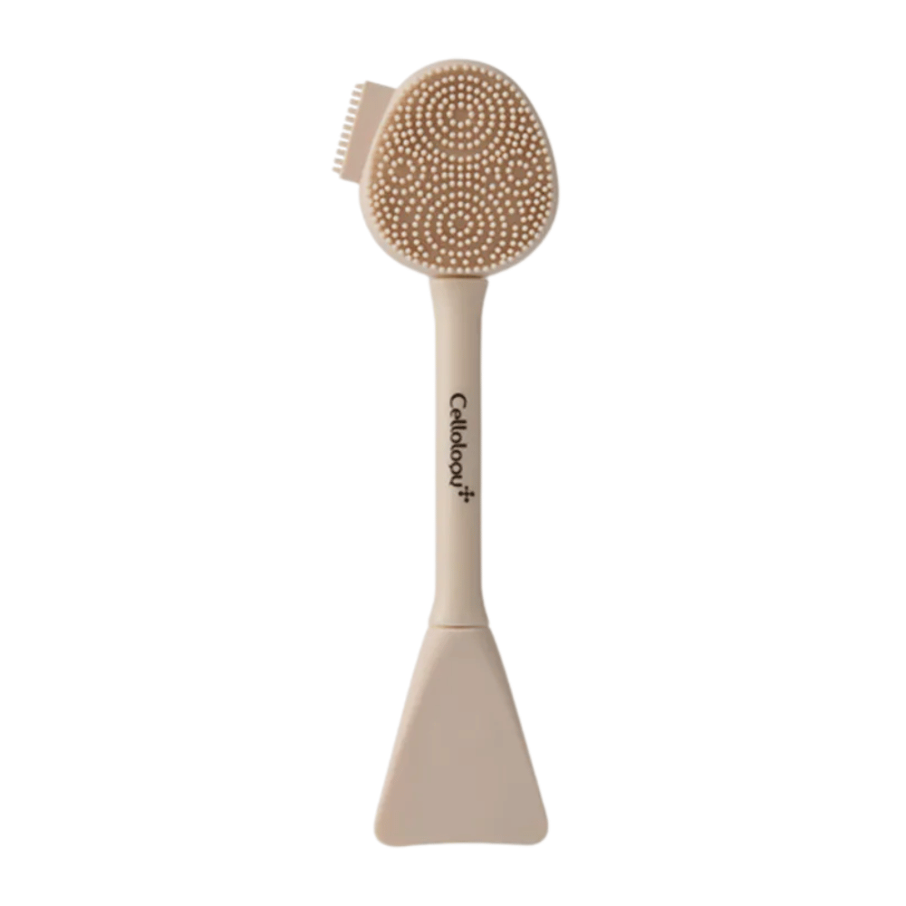 3. Cellolopy Cleaning Brush – beige gezichtsborstel met zachte siliconen nopjes en spatel voor het aanbrengen van gezichtsmaskers