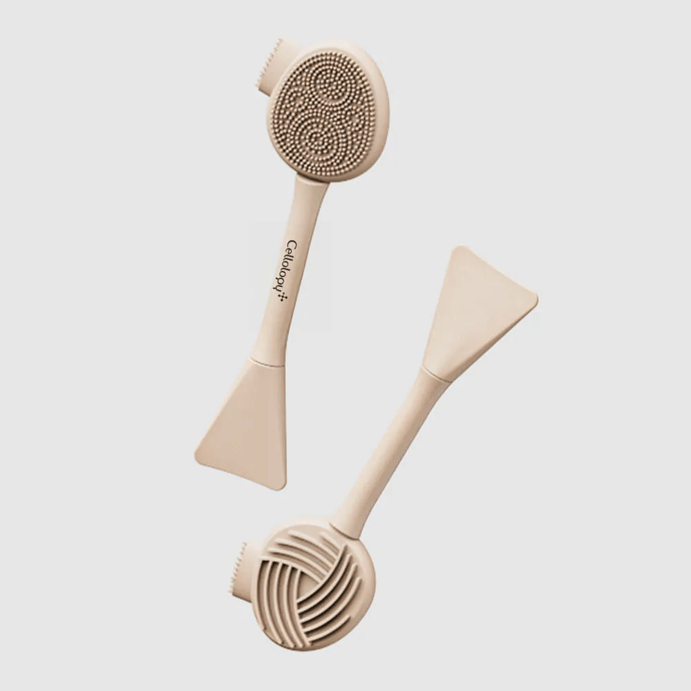 2. Cellolopy Cleaning Brush – voor- en achterkant van multifunctionele reinigingsborstel met siliconen borstelharen, geribbeld oppervlak en spatel