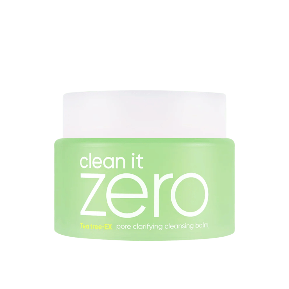 Clean It Zero Tea Tree-EX Pore Clarifying Cleansing Balm in groene pot op witte achtergrond, ontworpen voor vette en gecombineerde huid die behoefte heeft aan balancerende en poriënreinigende reiniging.