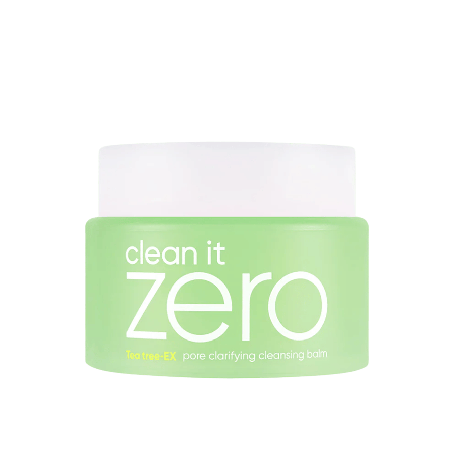 Clean It Zero Tea Tree-EX Pore Clarifying Cleansing Balm in groene pot op witte achtergrond, ontworpen voor vette en gecombineerde huid die behoefte heeft aan balancerende en poriënreinigende reiniging.