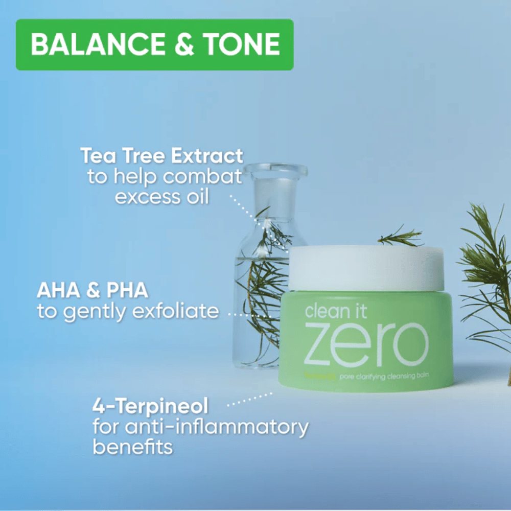 Clean It Zero Pore Clarifying Cleansing Balm met Tea Tree-extract, AHA en PHA die de huid balanceren, overtollige olie reduceren en zachtjes exfoliëren voor een heldere huidtint.