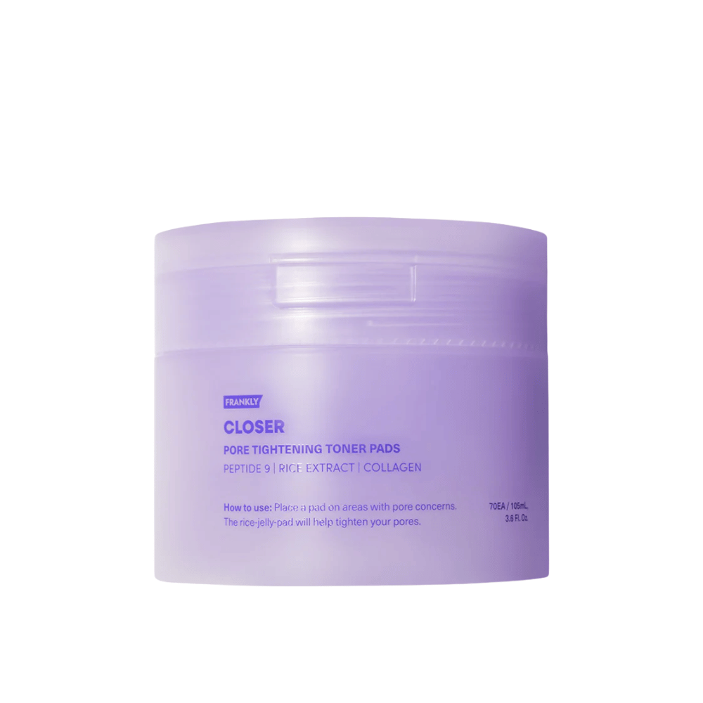 Productafbeelding van FRANKLY Closer Pore Tightening Toner Pads in een paarse pot. Toner pads met peptiden, rijstextract en collageen voor porieverfijning.