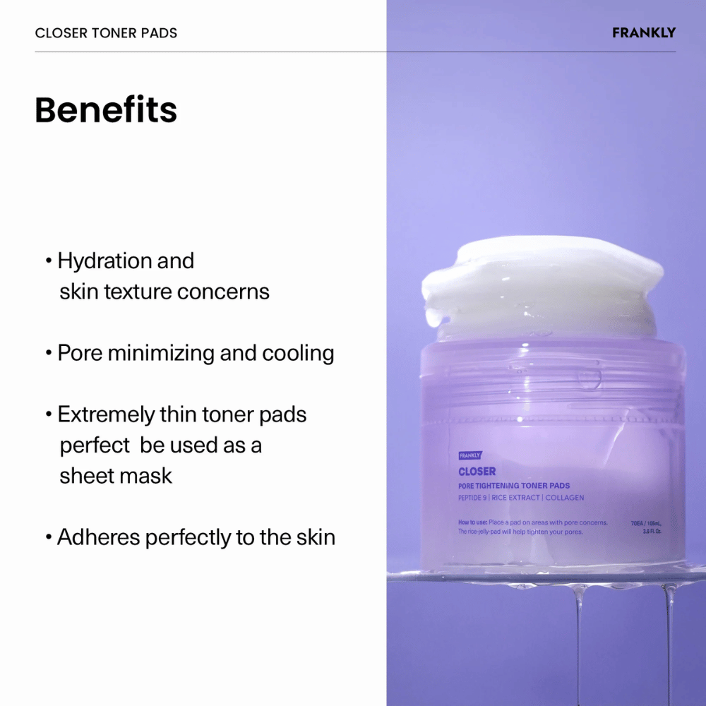 Paarse pot met FRANKLY Closer Toner Pads gevuld met dunne, hydraterende pads. Tekst beschrijft voordelen zoals porieverkleining en verkoelend effect.