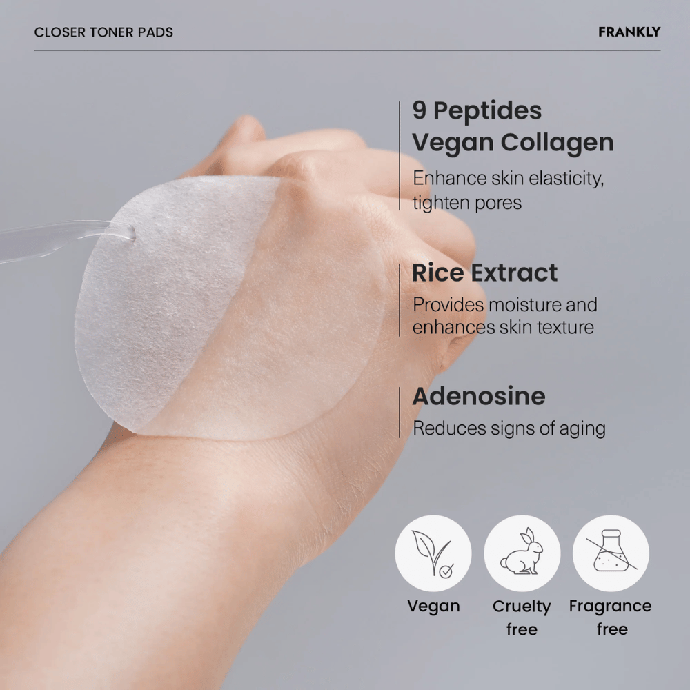 Close-up van FRANKLY Closer Toner Pad op hand. Tekst toont ingrediënten zoals 9 peptiden, vegan collageen, rijstextract en adenosine. Vegan en cruelty-free.