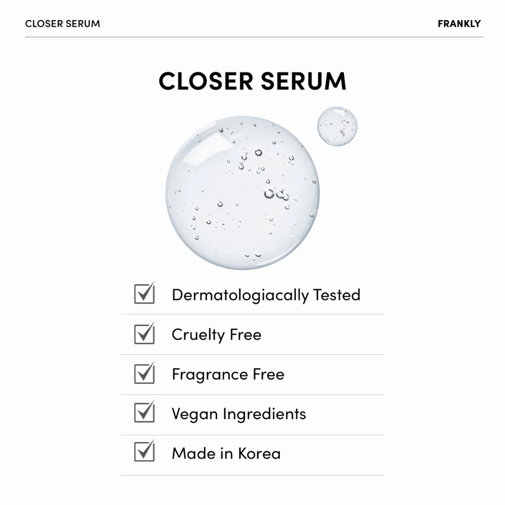 FRANKLY Closer Serum met doorzichtige gel en lijst met eigenschappen: dermatologisch getest, vegan, cruelty-free en parfumvrij.