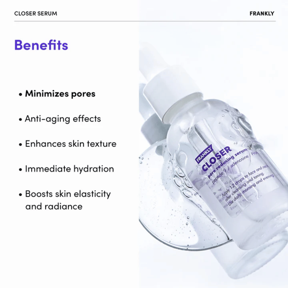 FRANKLY Closer Serum in doorzichtige fles op glanzend oppervlak. Tekst benadrukt voordelen zoals geminimaliseerde poriën, hydratatie en verbeterde huidtextuur.