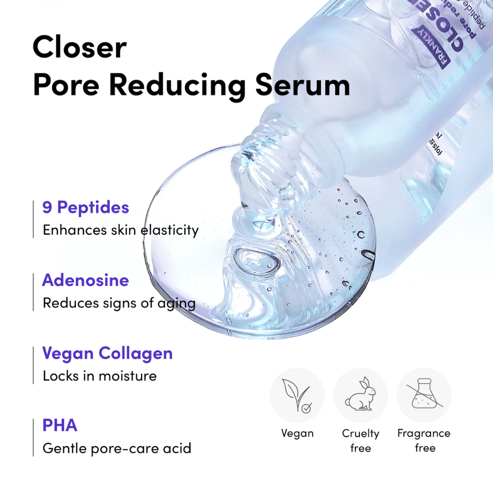 Närbild på FRANKLY Closer Pore Reducing Serum med ingredienser: 9 peptider, adenosin, veganskt kollagen och PHA. Vegansk och cruelty-free formula.