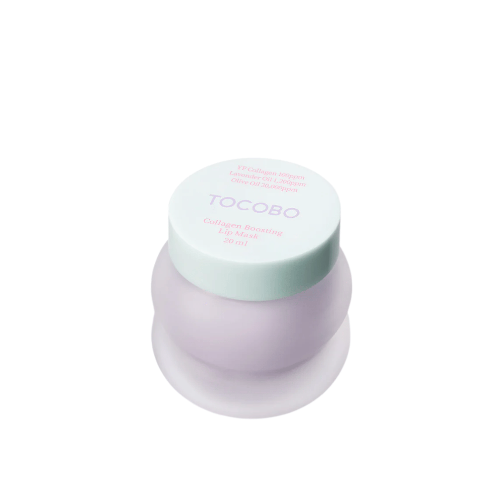 Close-up van gesloten pot TOCOBO Collagen Boosting Lip Mask met mintgroene deksel tegen witte achtergrond.
