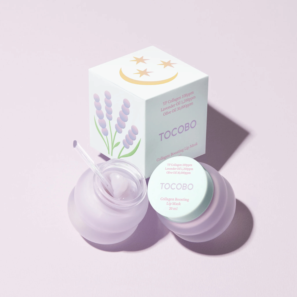 TOCOBO Collagen Boosting Lip Mask met verpakking versierd met lavendel en maansymbolen.