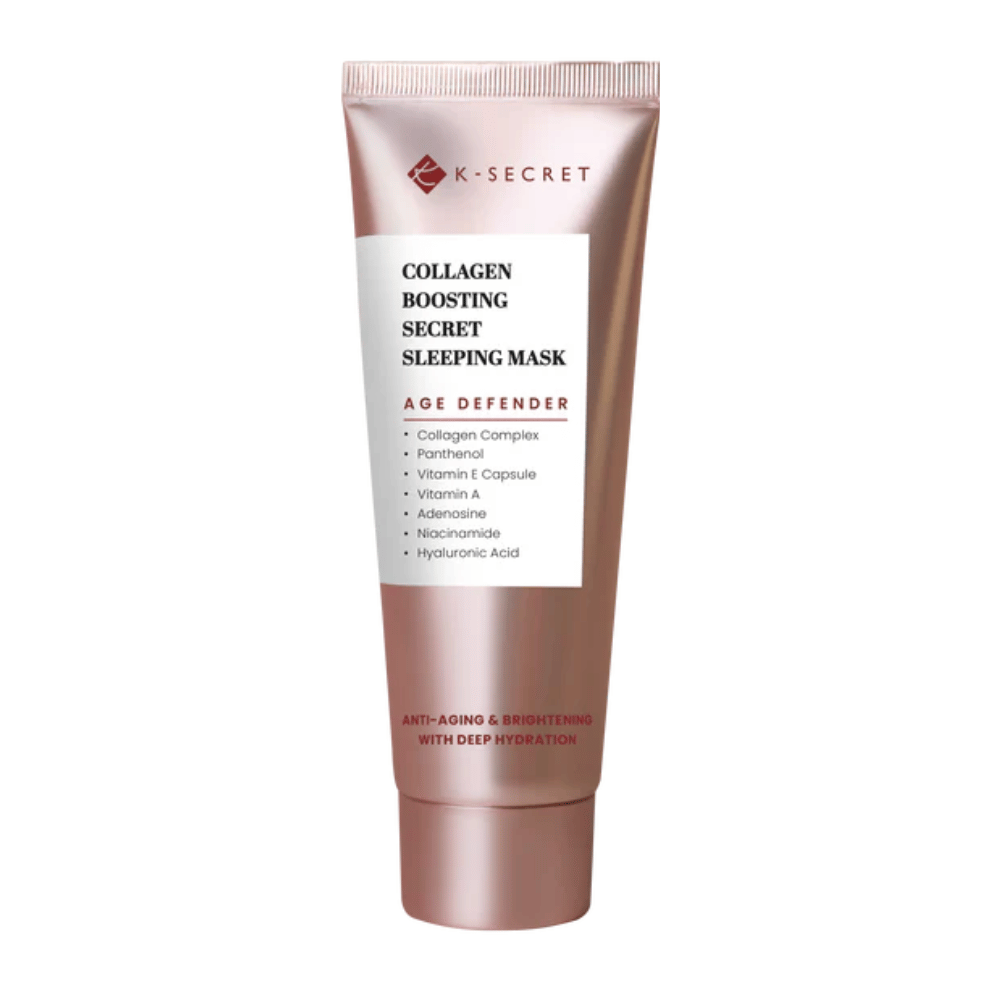 Productafbeelding van K-SECRET Collagen Boosting Secret Sleeping Mask in een roségouden tube met tekst die anti-aging, hydratatie en ingrediënten zoals collageen, panthenol en hyaluronzuur benadrukt.