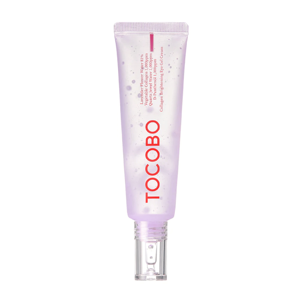 Het product op de afbeelding is "Collagen Brightening Eye Gel Cream" van TOCOBO. Het is een ooggel in een paarse tube met witte stippen, ontworpen om de huid rondom de ogen op te lichten en te verbeteren.