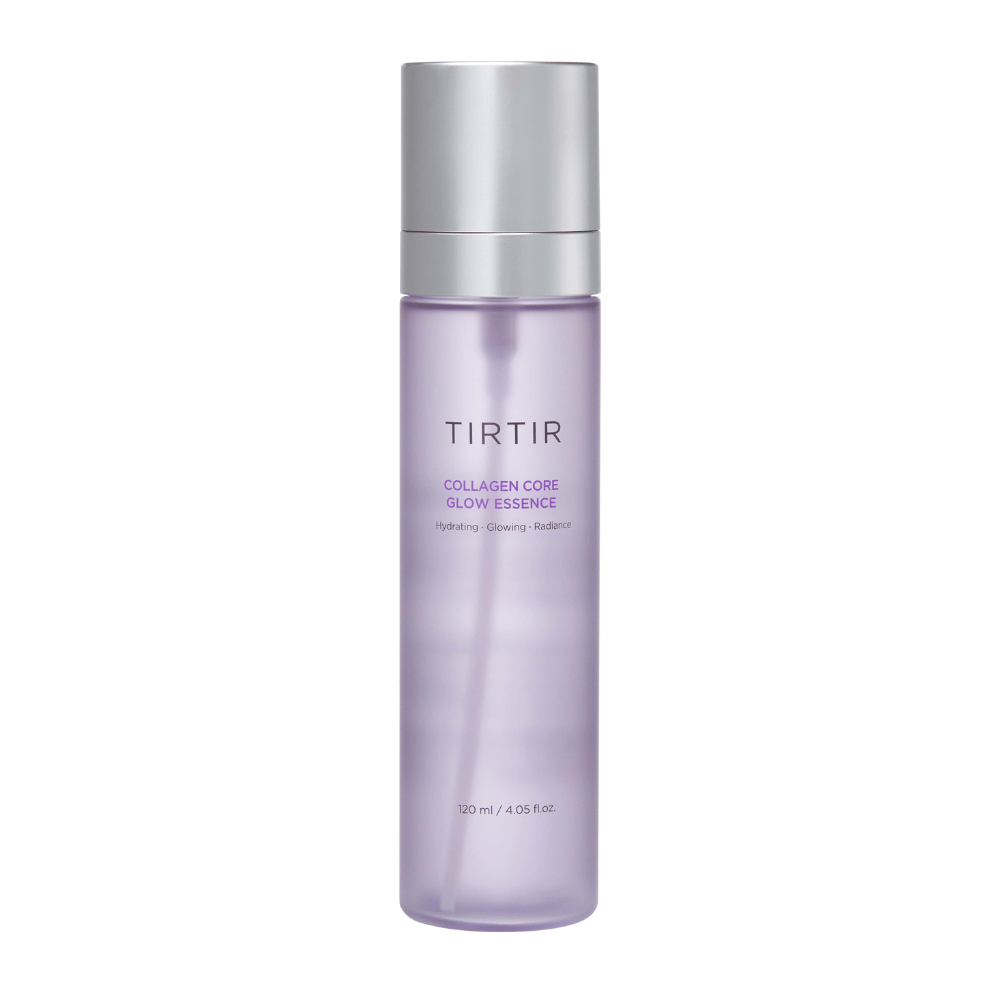 Productafbeelding van TIRTIR Collagen Core Glow Essence – een verhelderende essence in een strakke paarse fles die de huid hydrateert en de elasticiteit verbetert.