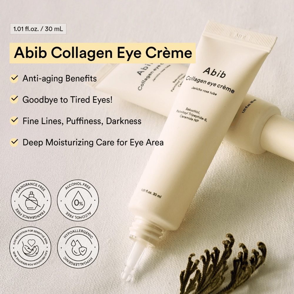 Abib Collagen Eye Crème met tekst over anti-aging en intensieve hydratatie voor het gebied rond de ogen. Vrij van alcohol, parfum en hypoallergeen.