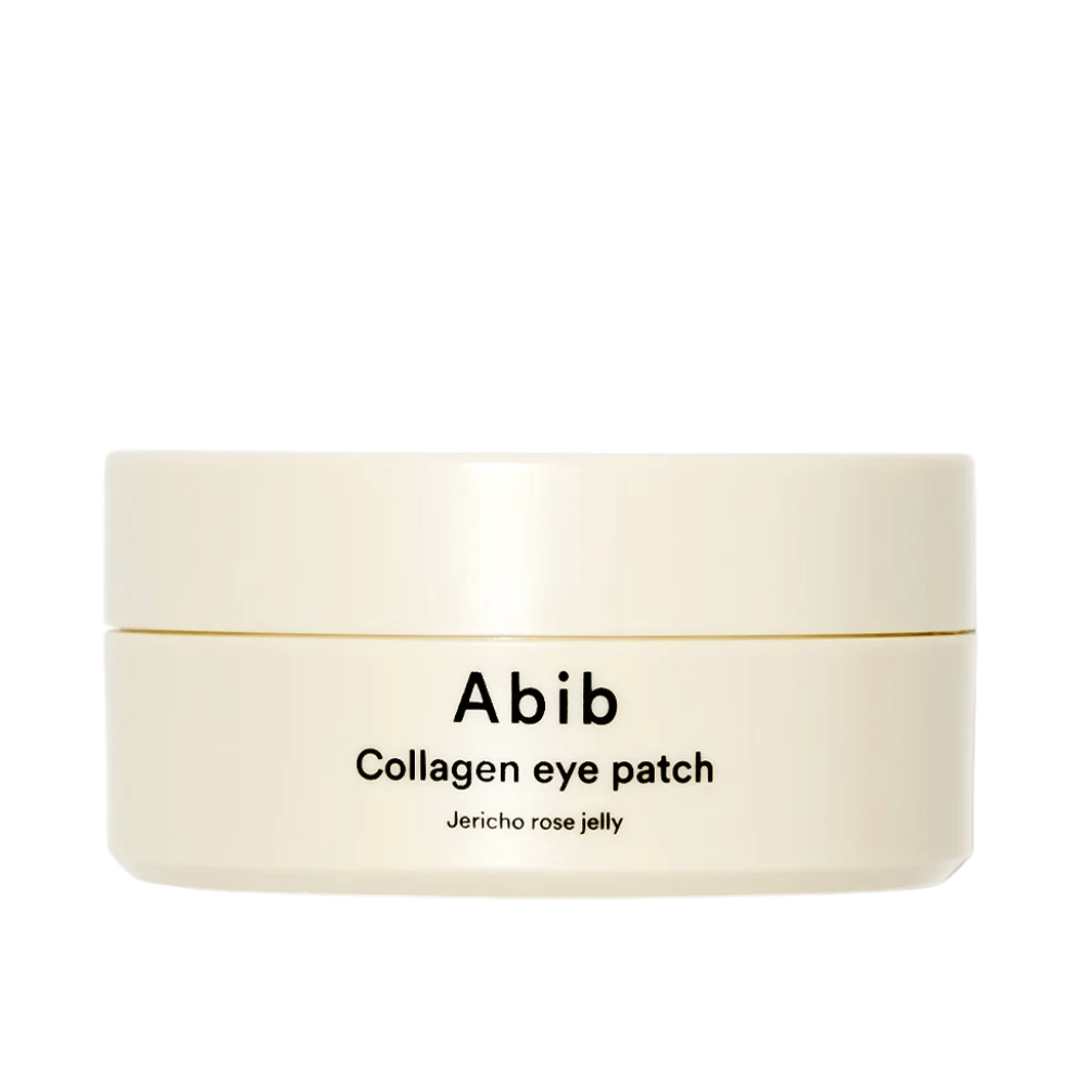 Verpakking van Abib Collagen Eye Patch Jericho Rose Jelly – een beige pot met zwarte tekst, ontworpen om het gebied onder de ogen te verzorgen met collageen en hydraterende ingrediënten.