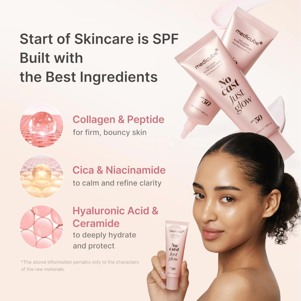 Medicube Collagen Glow Sunscreen SPF 50 met collageen, peptiden, niacinamide en hyaluronzuur. Model houdt de roze zonnebrandtube omhoog.