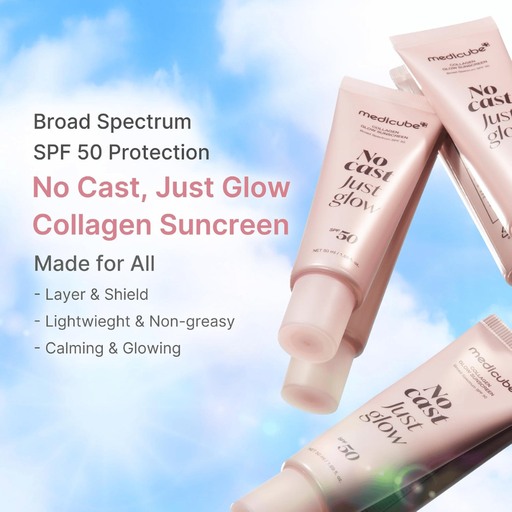 Medicube Collagen Glow Sunscreen SPF 50, lichte zonnebescherming met glow-effect zonder witte waas. Roze zonnebrandtubes tegen een blauwe lucht.