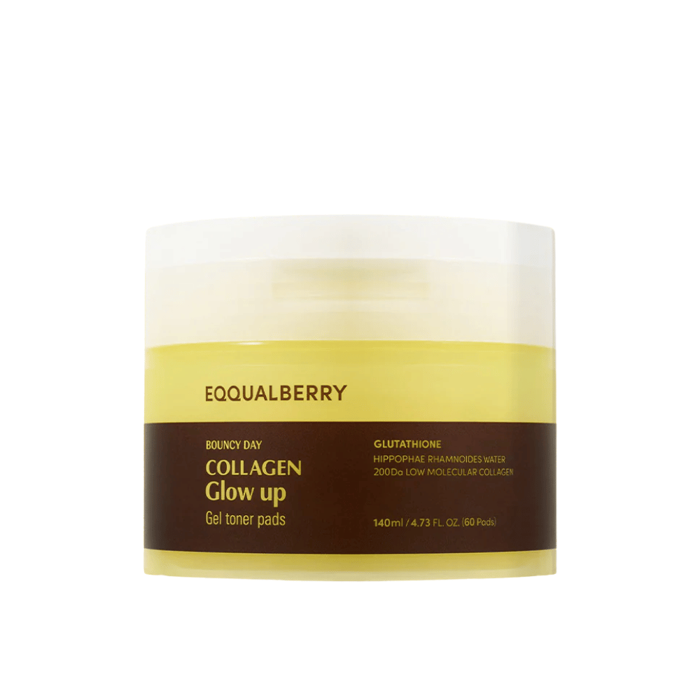 Bouncy Day Collagen Glow Up Gel Toner Pads, bevat laagmoleculair collageen en glutathion, om de elasticiteit van de huid te verbeteren en een jeugdige gloed te geven. Verpakking met 60 pads.