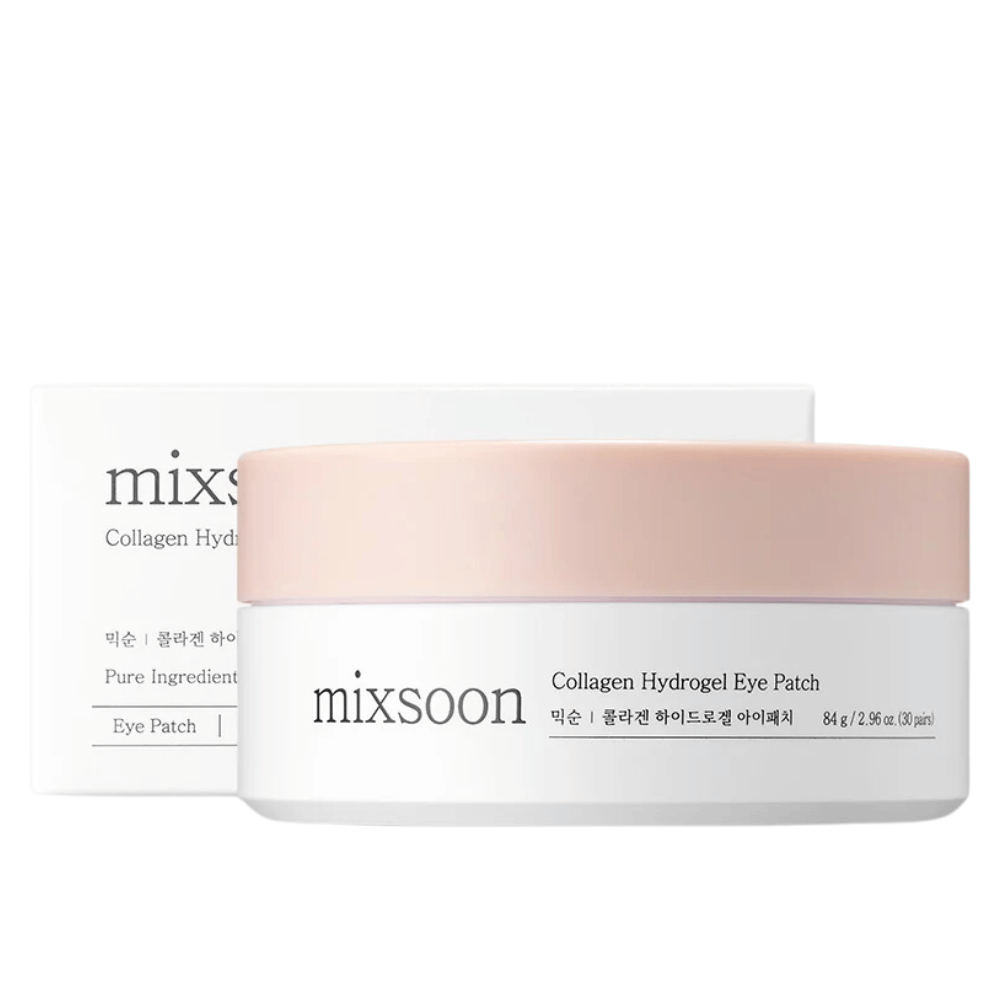 Afbeelding van Mixsoon Collagen Hydrogel Eye Patch, die een pot met een roze deksel en een witte basis toont. De pot bevat 84 g (30 paar) oogpleisters. De verpakking is stijlvol en geeft een gevoel van luxe huidverzorging. Het product is ontworpen om vocht en voeding te geven aan de huid onder de ogen.