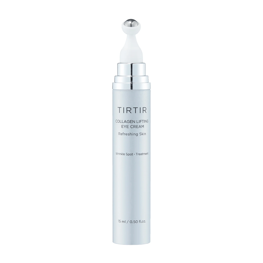 Tube met TIRTIR Collagen Lifting Eye Cream tegen een schone achtergrond, ontworpen voor verfrissende huidverzorging.