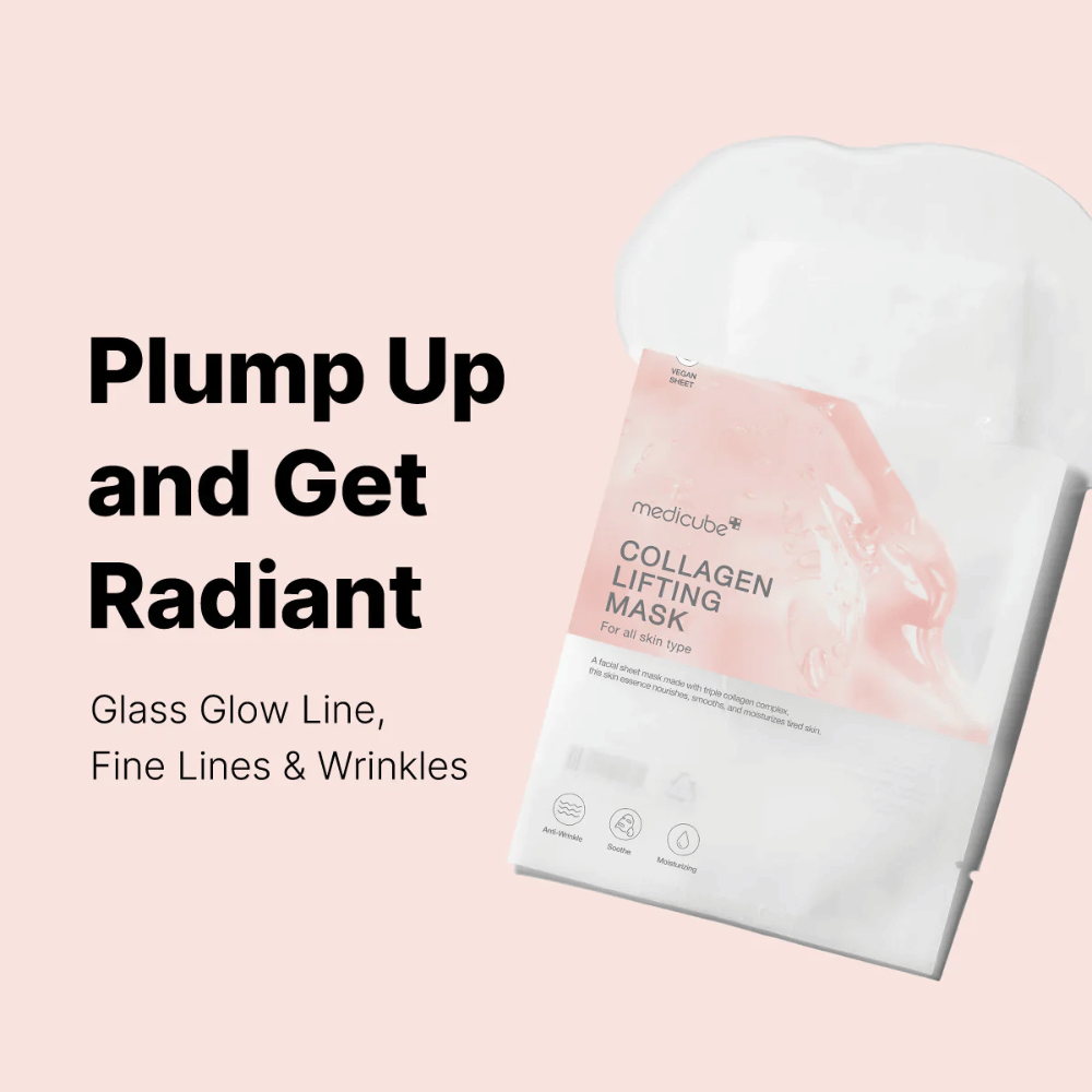 De verpakking van "Medicube Collagen Lifting Mask," een gezichtsmasker dat zich richt op het opvullen van de huid en het geven van een stralende look. Het product is geschikt voor alle huidtypes en is ontworpen om fijne lijntjes en rimpels tegen te gaan. De tekst "Plump Up and Get Radiant" benadrukt de eigenschappen van het masker, terwijl grafische elementen een moderne en aantrekkelijke presentatie geven.